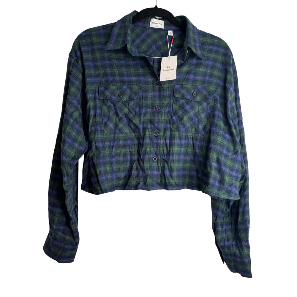 Aritzia Sunday Best Cropped Plaid Flannel Shirt Green Purple Size S NWT